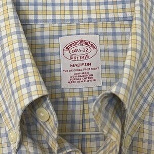 Brooks Brothers Madison Non-Iron Yellow Blue Check Dress Shirt 14.5 32 – Classic